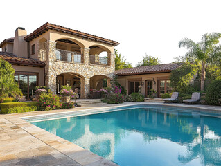 Fototapeta premium Luxury Home With Swimming Pool and Stone Accents