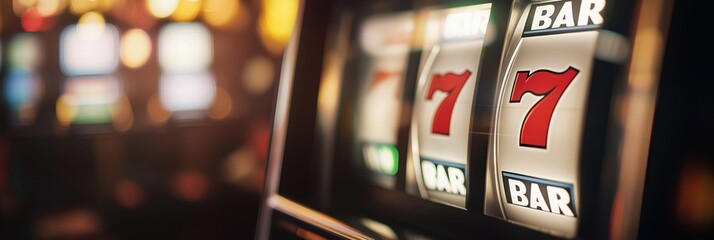 A close-up of a spinning slot machine displaying sevens amidst bright casino lights, capturing the excitement and chance associated with gambling and luck.