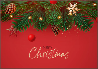Fototapeta premium Christmas decoration with fir tree branches, balls and gold snowflakes. Happy New Year traditional design
