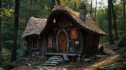 A rustic wooden cottage with a thatched roof, nestled in a forest, surrounded by trees and foliage.