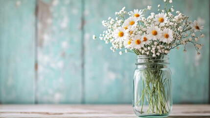 A charming mason jar filled with daisies and babyâ€™s breath on a light rustic background © P.manthana