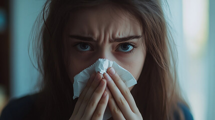 Young girl using a tissue to blow her nose.