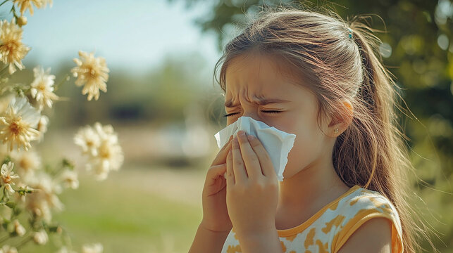 Young girl using a tissue to blow her nose.