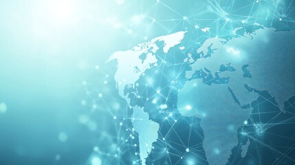 Light blue background with digital world map and global connections for international business