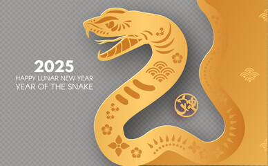 Happy Chinese New Year 2025 with Snake zodiac sign on transparent background. Lunar new year card template. Gold paper cut style on color background