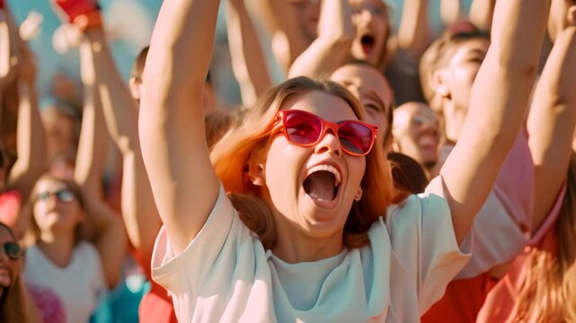 A close-up of a woman in sunglasses cheering with her arms raised, surrounded by a crowd of excited fans, Illustrate the emotion and passion of fans cheering in the stands