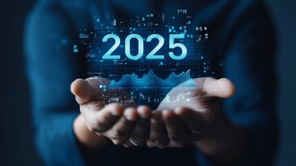 New Year projection: A futuristic 2025 hologram projected above an open hand, embodying visions of the future and technological advancement