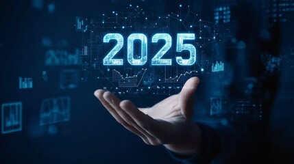 New Year projection: A 2025 hologram suspended over an open hand, reflecting futuristic visions and innovative ideas