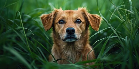 Brown dog in tall grass