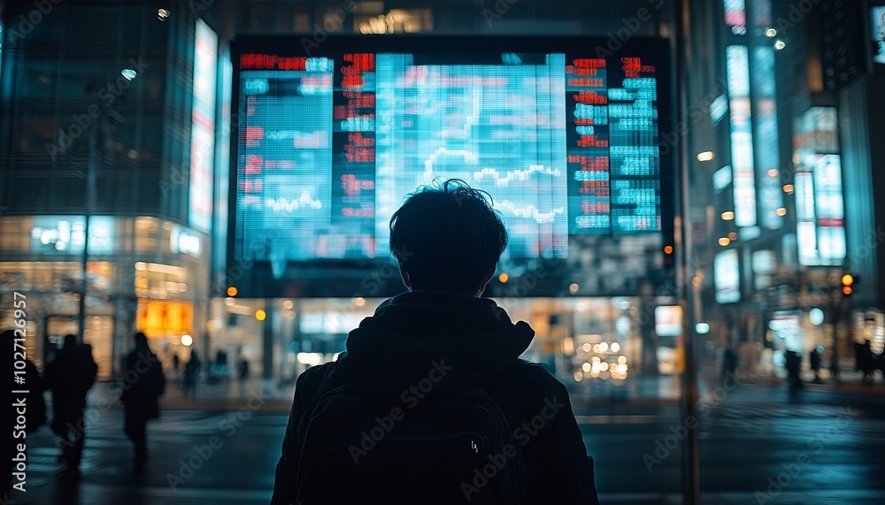 Wall mural A person observing financial data in a bustling urban environment.