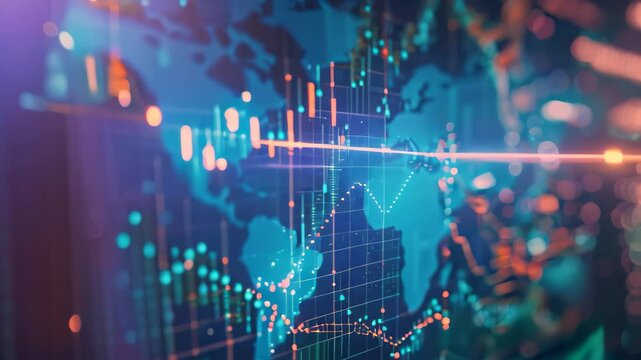 An abstract Video depicting a world map with superimposed data visualizations, Illustrate the interconnectedness and complexity of global financial markets