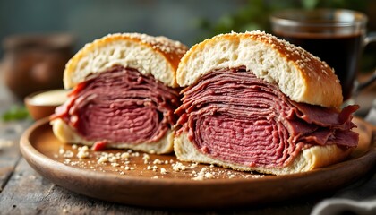 Obraz premium Savory Beef on Weck Sandwich with Caraway Roll and Roast Beef (Ontario Cuisine)