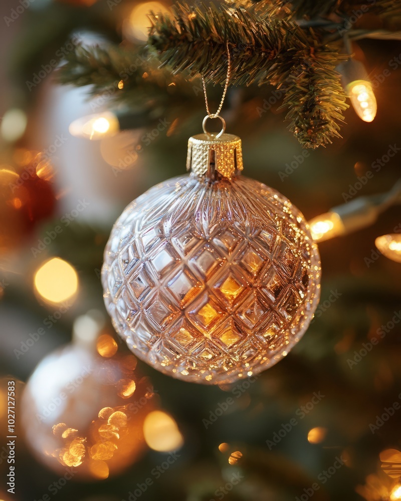 Canvas Prints A pink and gold Christmas ornament hangs on a Christmas tree with lights.