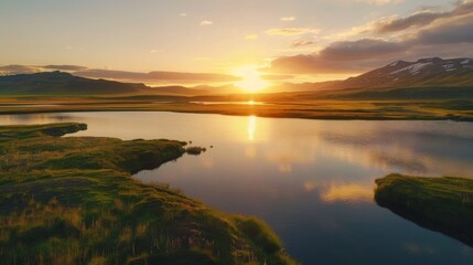 RV Motorhome camper van road trip. Tourists in rental car campervan by view of mountains in beautiful nature landscape on the road in Iceland at sunset. People on travel vacation adventure.