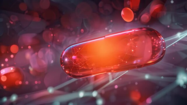 A red capsule with a complex network of nanotechnology inside, illustrating the concept of targeted drug delivery, Illustrate the use of nanotechnology in targeted drug delivery