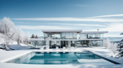 Obraz premium Luxury Glass House with Pool in Snowy Winter Landscape