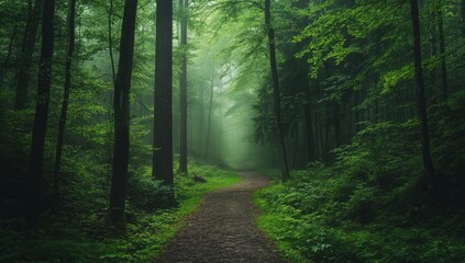 Fototapeta premium A winding path through a misty forest, sunlight filtering through the dense canopy, creating a magical and ethereal atmosphere.