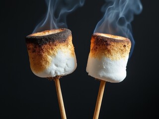 Close-up of two toasted marshmallows on wooden sticks with smoke rising, capturing the essence of campfire cooking and outdoor food traditions