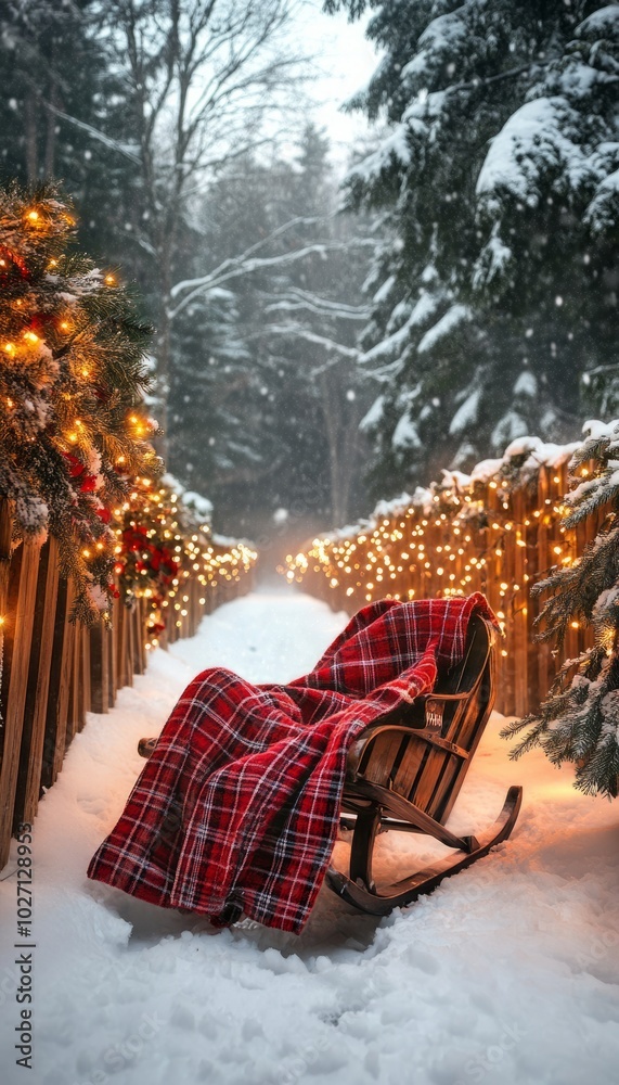 Canvas Prints A red plaid blanket on a wooden sled sits on a snowy path lined with Christmas lights in a winter forest.