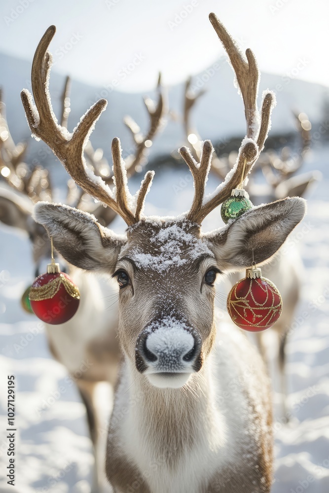 Wall mural A reindeer adorned with ornaments in a snowy landscape.