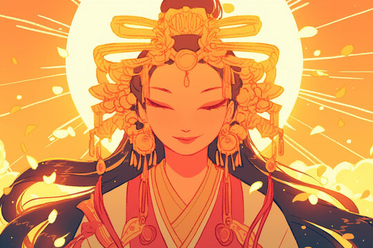 Illustration of Goddess Amaterasu Softly Smiling and Radiating Light &ndash; Conveying Warmth and Kindness, Perfect for Art and Cultural Creations