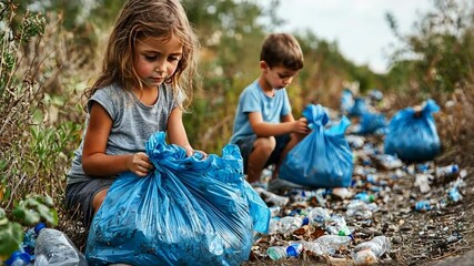 children picking up trash to blue trash bags