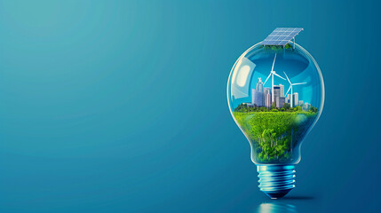 Sustainable Energy Concept: Cityscape with Wind Turbines and Solar Panels Inside Light Bulb, Green Island Base