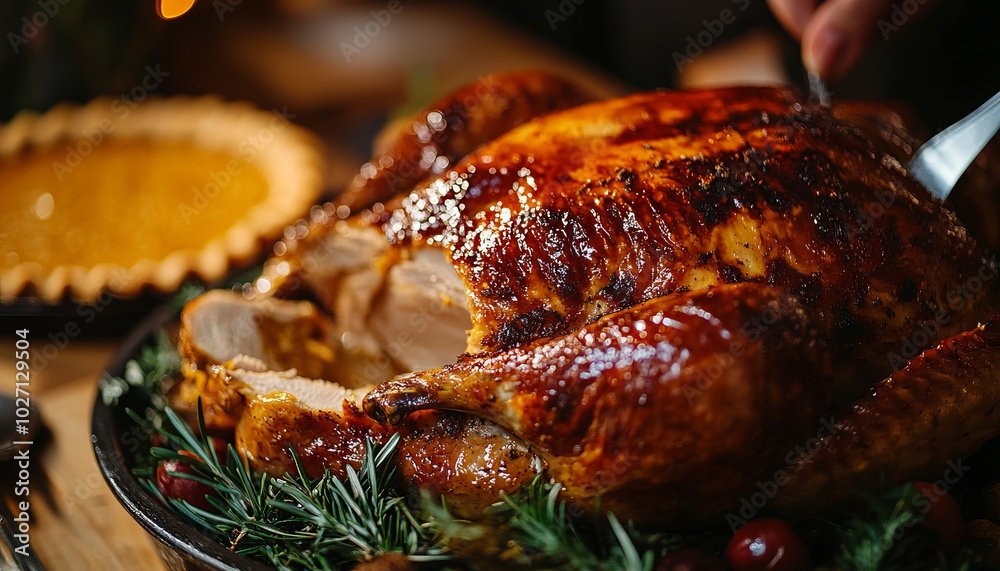 Poster A roasted turkey is being carved on a table with a pie in the background.