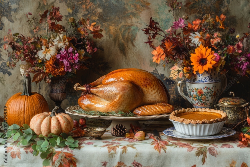 Sticker A roasted turkey, pumpkin pie, and fall flowers set on a table for a Thanksgiving dinner.