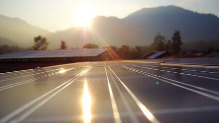 Beautifully installed solar panel array on a rooftop in a remote area, harnessing natural energy from the sun, symbolizing sustainable living and the use of renewable resources.