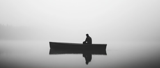 A solitary figure sits in a boat on still water, surrounded by a misty atmosphere, creating a serene and contemplative mood.