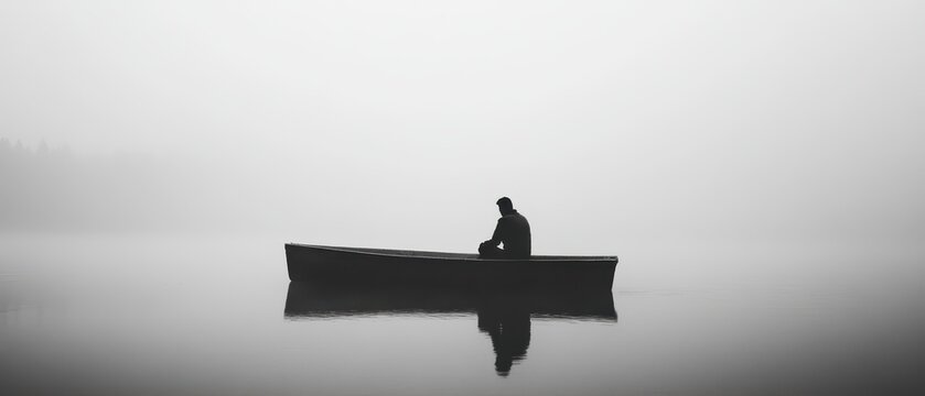 A solitary figure sits in a boat on still water, surrounded by a misty atmosphere, creating a serene and contemplative mood.