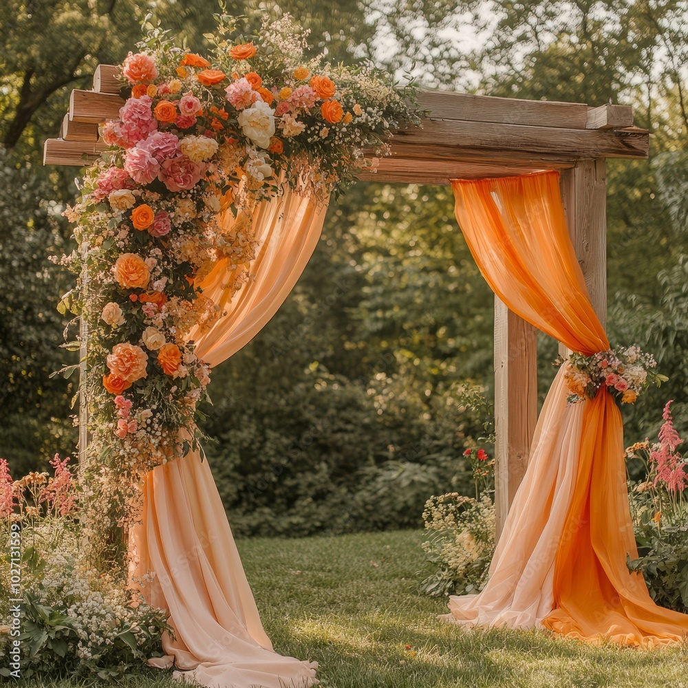 Poster A rustic wooden archway adorned with peach and orange flowers and fabric drapes.