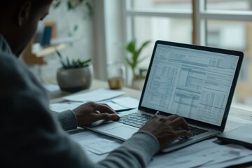 Business professional working on laptop with data sheets