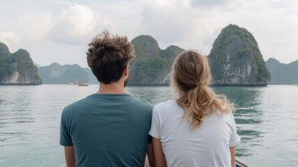 Fototapeta premium Couple taking a scenic boat ride through Ha Long Bay in Vietnam, with limestone karsts towering above the water Ha Long Bay, boat ride, scenic travel