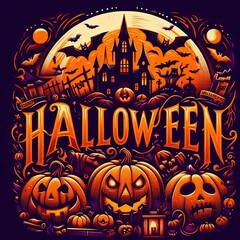 Full Moon Halloween with Bats and Pumpkins