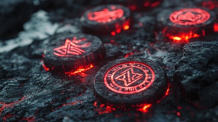 Glowing protective runes are intricately carved into dark rune chips emanating a captivating light against a rocky backdrop creating an enchanting atmosphere.