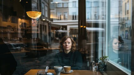 A contemplative woman sits alone at a café table, gazing out a window with reflections of the cityscape around her.