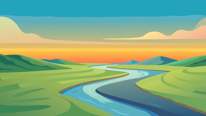Obraz premium Landscape with mountains and winding river vector illustration 