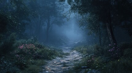 Fototapeta premium A stone path winds through a misty forest at dusk.