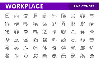 Workplace web icons in line style. Employ, conference, project, document, business, work, support, contact us, productivity strategy, collection.