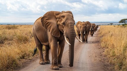Obraz premium Group of friends enjoying a safari in Serengeti National Park, spotting wildlife like lions and elephants Serengeti, safari, wildlife travel