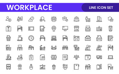 Workplace web icons in line style. Employ, conference, project, document, business, work, support, contact us, productivity strategy, collection.