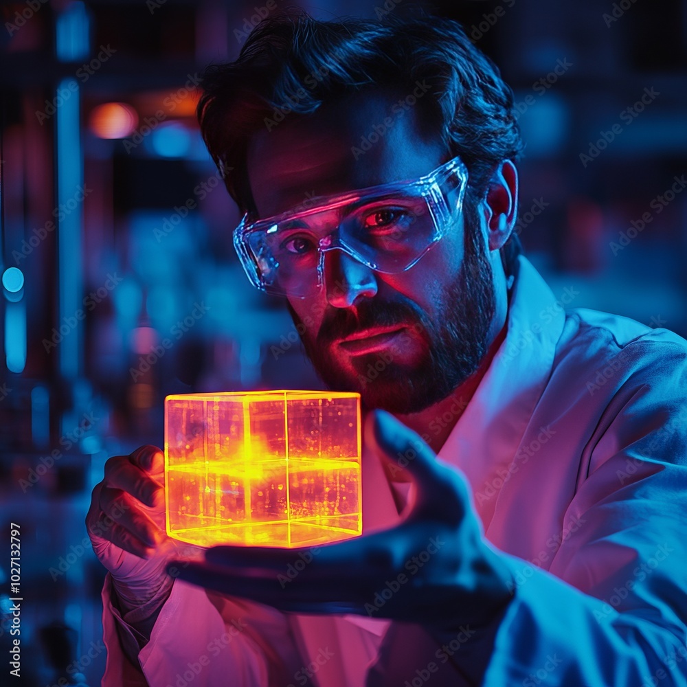 Canvas Prints A scientist in a lab coat holds a glowing cube in his gloved hands.