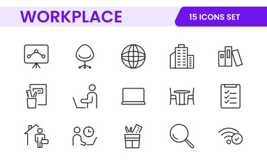 Workplace web icons in line style. Employ, conference, project, document, business, work, support, contact us, productivity strategy, collection.