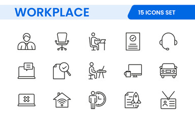 Workplace web icons in line style. Employ, conference, project, document, business, work, support, contact us, productivity strategy, collection.