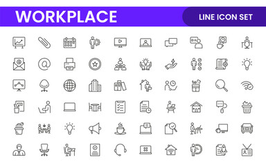 Workplace web icons in line style. Employ, conference, project, document, business, work, support, contact us, productivity strategy, collection.