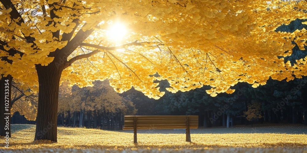 Sticker A serene park scene featuring a wooden bench under golden autumn leaves. The sun shines through the branches, creating a warm, inviting atmosphere. This image captures the beauty of nature. AI