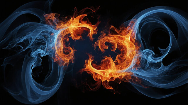 Dynamic interplay of blue and orange swirling flames creating a balance of contrasting energies, infinite loop