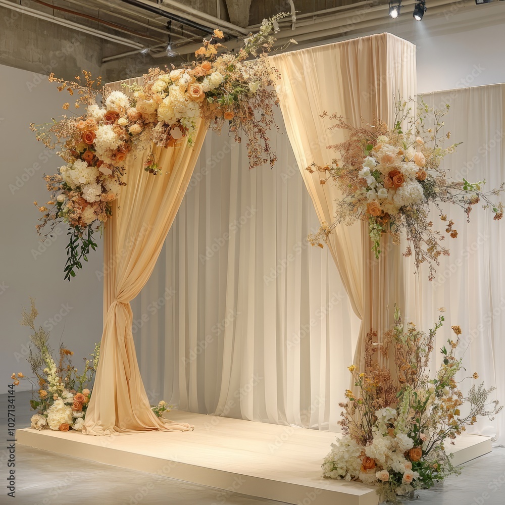 Wall mural A simple wedding ceremony arch decorated with blush and beige floral arrangements.